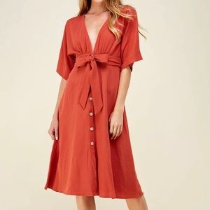 Cotton Belted Button Down Dress | Dolman Short Sleeves | Solid & Flare Skirt